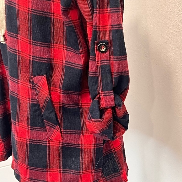SHE + SKY HOODED LACE NECK FLANNEL SZ MEDIUM HILO NUBBY COTTON BLACK RED CHECK - Picture 10 of 11